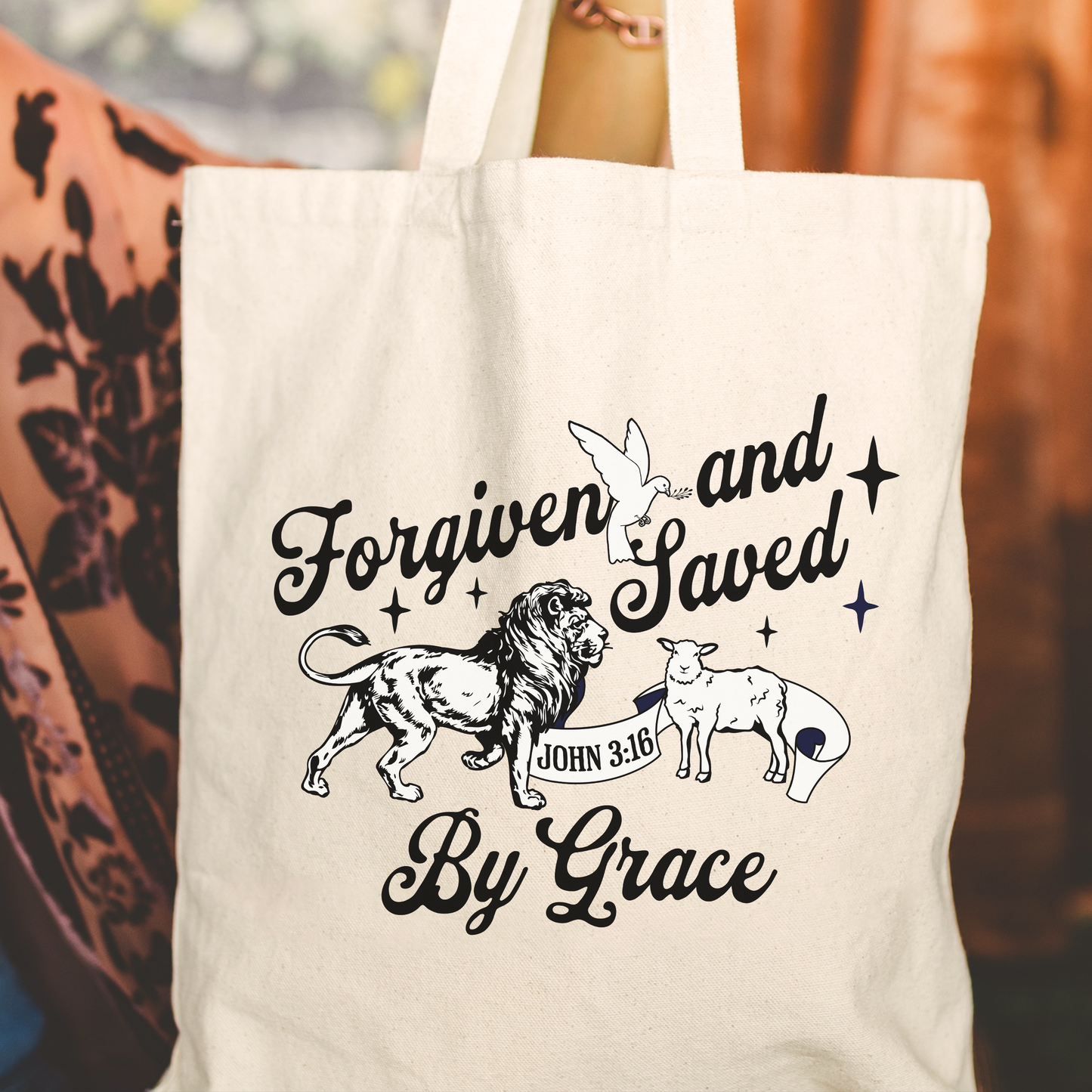 Forgiven and Saved Christian Tote Bag